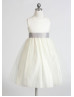 A-line Ivory Tulle Knee Length Flower Girl Dress With Bow Sash